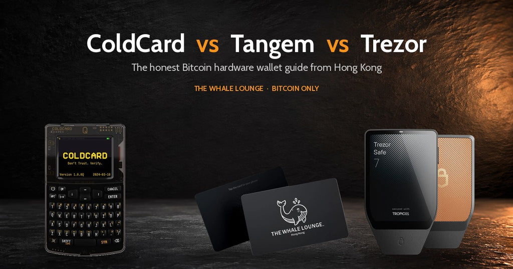 ColdCard Q, Tangem x Whale Lounge card, and Trezor Safe 7 on a dark slate background, Bitcoin hardware wallet comparison