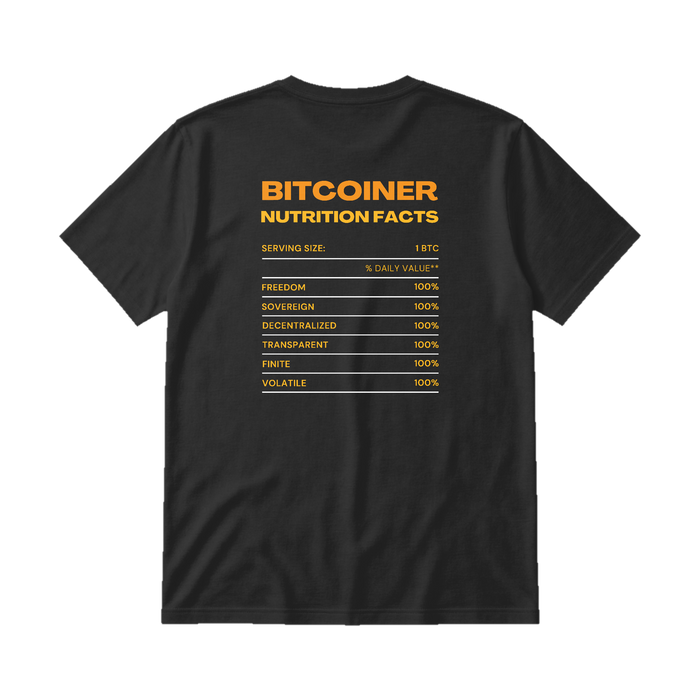 Bitcoiner Nutrition Facts Tee Black back