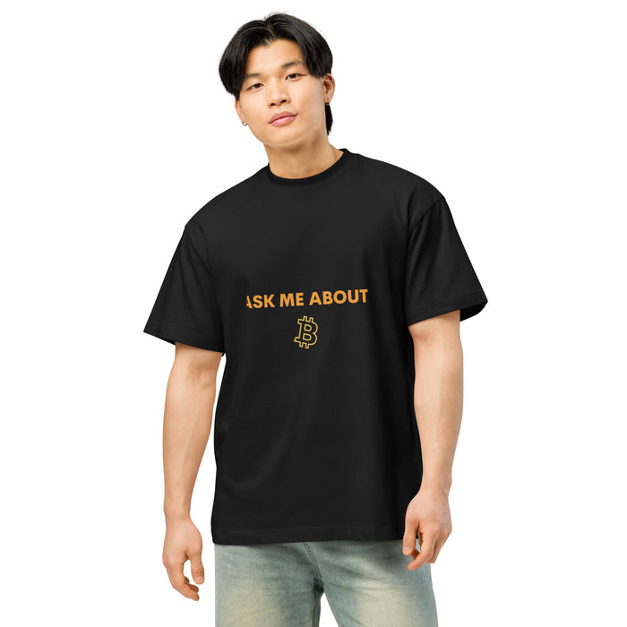 Ask Me About Bitcoin Tee on model, front