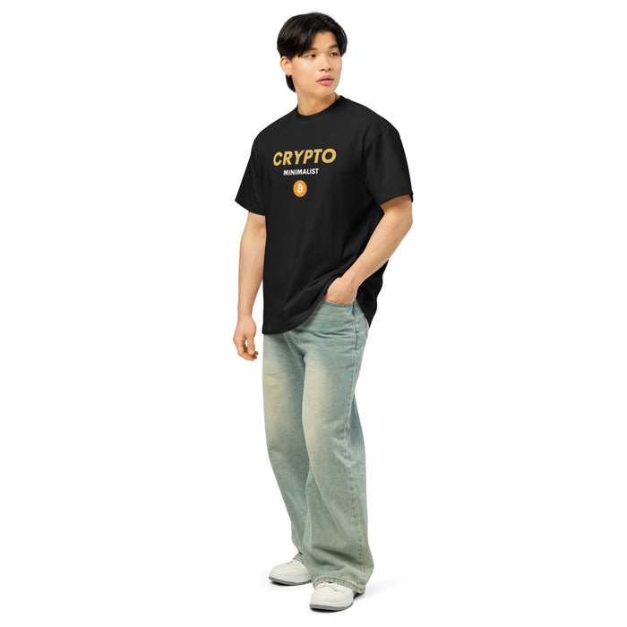 Crypto Minimalist Orange and Gold Tee - model left